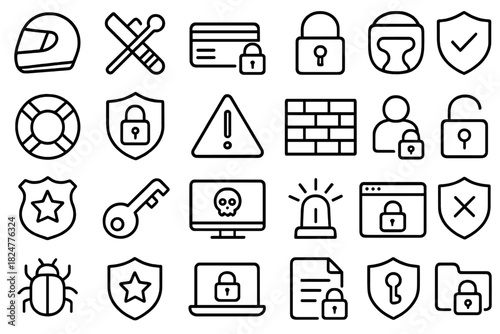 Set of outline symbols for digital security, protection, and safety measures