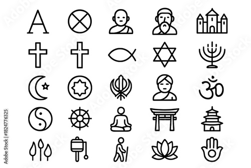 Collection of diverse spiritual and religious symbols represented by simple black icons for global faith