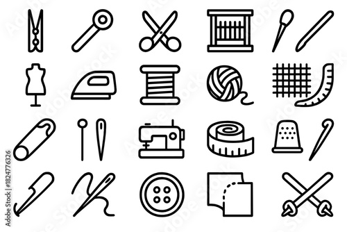 Outline symbols of essential sewing and tailoring equipment for textile arts and fashion design