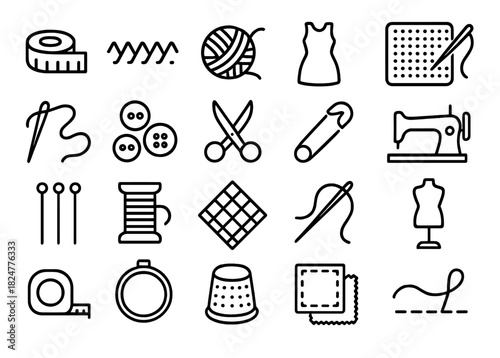 Minimalist black line essential sewing, tailoring, and crafting supplies and instruments