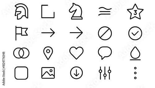Minimalist outline icons set featuring communication, location, rating, and control symbols