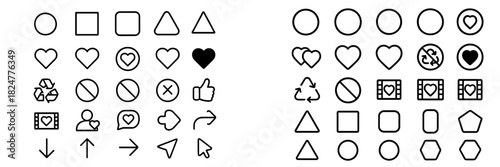 Minimalist black and white line icons set for social media, web, and application interfaces