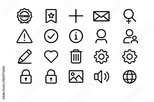 Basic outline symbols for digital functions including mail, settings, security, and user profiles