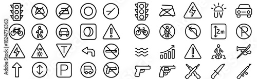 Diverse set of essential outline icons covering traffic, safety, and prohibition symbols