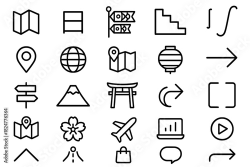 Minimalist line icons set for travel, navigation, Japanese culture, and user interface elements