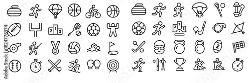 Minimalist black and white icons set for athletic events, competitive games, and sports equipment
