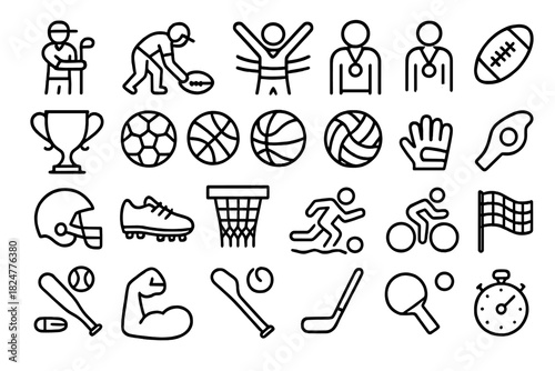 Black line symbols of diverse sports equipment, athletic figures, and competition