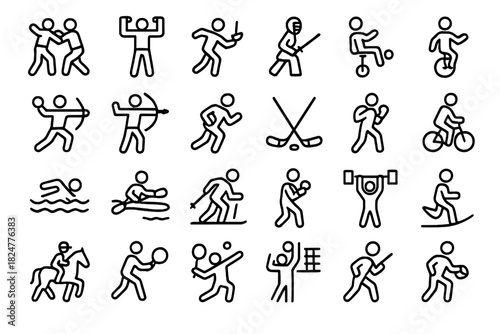 Set of simple line icons for various individual and team sports activities