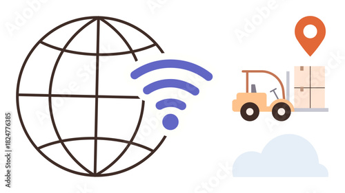 Globe symbol with wireless, forklift moving cargo, location marker, and cloud. Ideal for logistics, technology, connectivity, supply chain delivery innovation transport. Simple flat metaphor