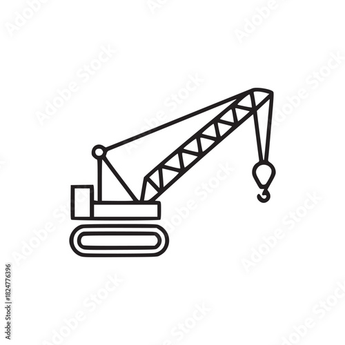 Illustration of a crane with a boom and hook on a tracked vehicle against a white background