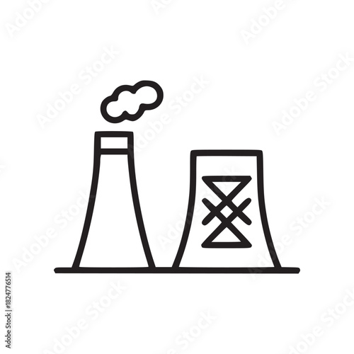 Isolated outline illustration of a nuclear power plant with smoke on a white background drawing