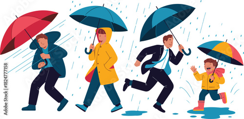 Set of People Walking Running and Playing Under Umbrellas During Rain Wearing Jackets Flat Vector Illustration Design