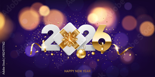 Happy New Year 2026. White paper numbers with golden ribbons, gift box and confetti on a bokeh background.