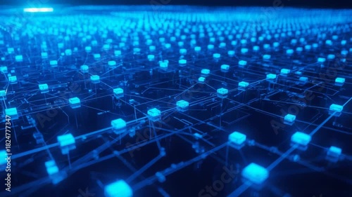 Wallpaper Mural Abstract network of glowing blue cubes connected by lines in a digital grid system technology Torontodigital.ca