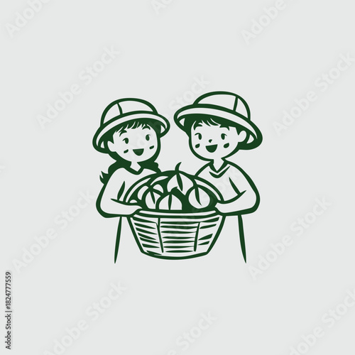 Illustration of two children with a basket of fruit.