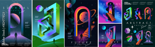 Futuristic surreal vector set featuring neon portal, cosmic planets, impossible shapes, and lone silhouettes. Vibrant sci-fi gradients for poster, album cover, digital art, and fantasy background