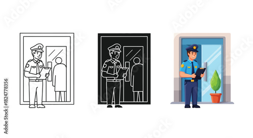 Police officer standing at a doorway with a clipboard, depicted in three distinct styles outline, silhouette, and fullcolor cartoon illustration