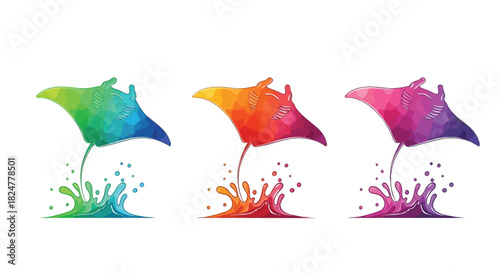 Three vibrant watercolor manta rays in green, orange, and purple gradients jumping from colorful water splashes