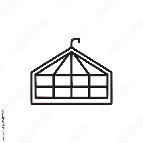 Outline illustration of a hanging structure with a grid pattern and a hook at the top center