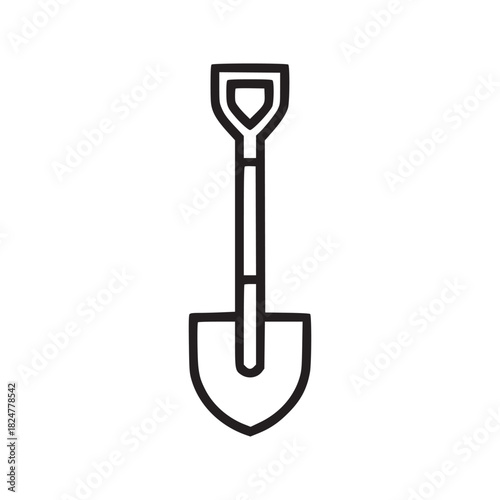 A simple black outline drawing of a shovel with a handle and a blade on a white background space