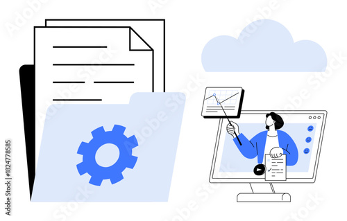 Digital file management. Features folder organization, cloud storage, and interactive online workshops. Digital file management for education, remote work, productivity, project collaboration