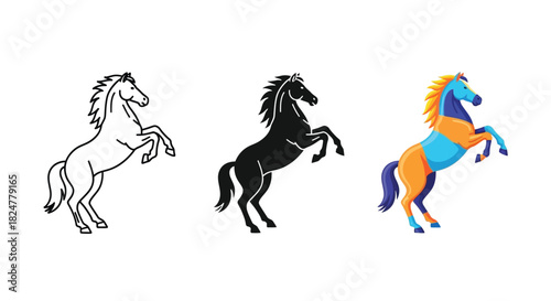 Collection of rearing horses in outline, silhouette, and colorful geometric styles