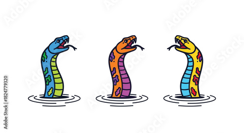 Three colorful cartoon snakes with open mouths and tongues out, emerging from water