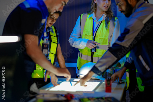 Fotografie n Indian engineer uses a radio for incident response in a smart factory