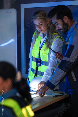 A diverse engineering team, a smiling Caucasian woman in a safety vest and an Indian man, collaborates at night. They are pointing at a glowing light table, reviewing plans.