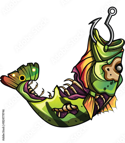Stylized illustration of a decaying zombie bass on a fishing hook.
