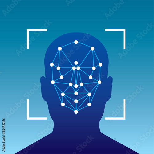 Face recognition icon with biometric symbol. Vector illustration. Concept of facial recognition, Face ID system, biometric identification, and face-scan system. Cybersecurity concept.