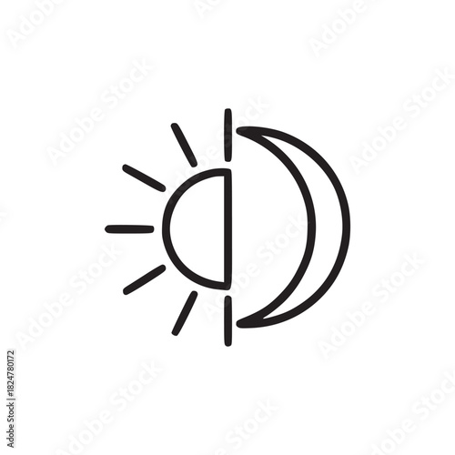 A minimalist line drawing of a sun and moon symbol representing day and night on a white background