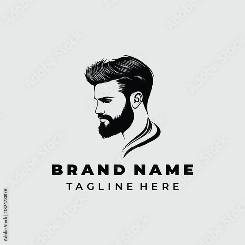Black and white logo of a man with a beard and stylish hair, perfect for a barber shop.