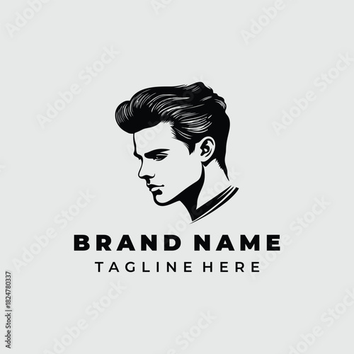 Minimalist black and white logo featuring a man's head with a stylish, classic hairstyle for a brand.