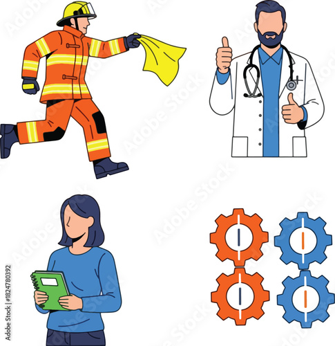 Collection of essential worker icons featuring firefighter, doctor, professional, and gear 