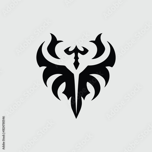 A stylized black emblem resembling a winged sword or a phoenix on a light grey background.
