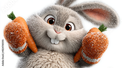Cartoon bunny holding carrots with mittens in a close up portrait.