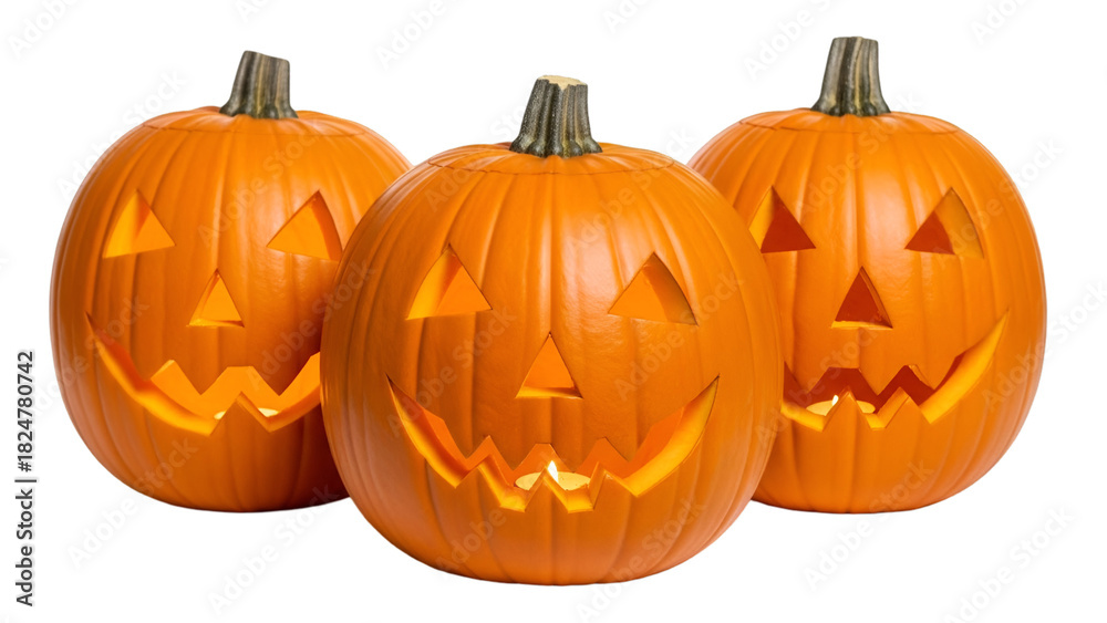 Fototapeta premium Three Jack-o'- Lantern Carved Pumpkins halloween jack-o-lantern