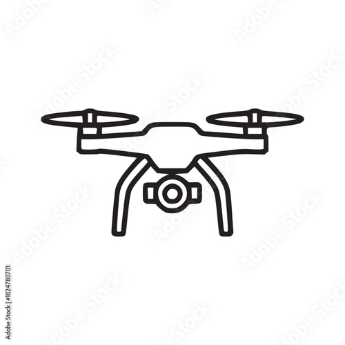 A minimalist line drawing of a drone with propellers and a camera on a white background simple style