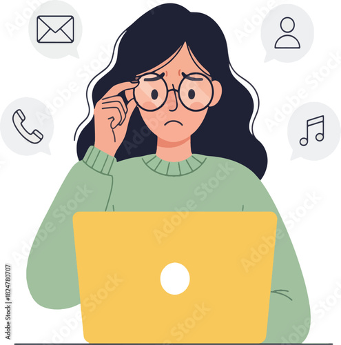 Stressed woman with glasses working on a laptop surrounded by notification icons 