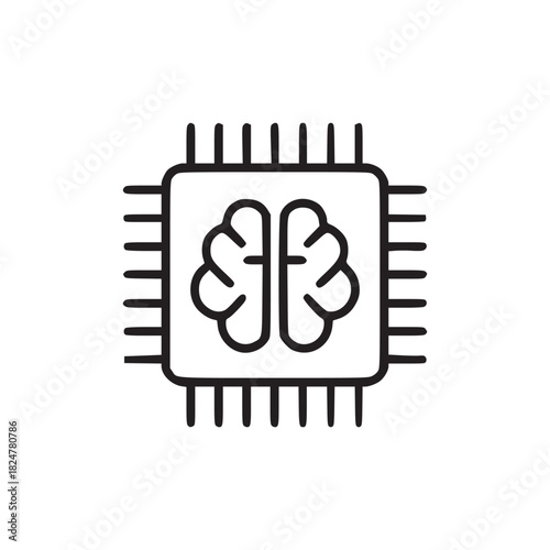 A minimalist line art illustration of a brain inside a computer chip on a white background