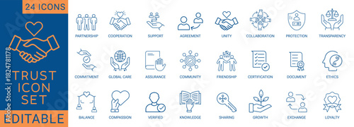 Minimalist trust icon set with editable stroke, featuring partnership, reliability, unity, transparency, ethics, loyalty, community, certification, sharing, and growth. Perfect for business, corporate