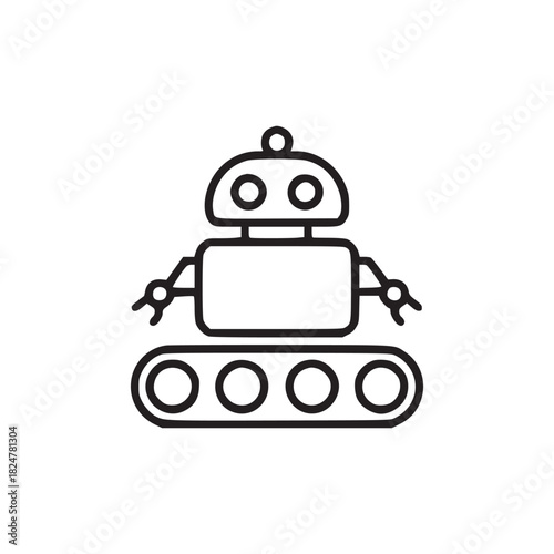 A simple line drawing of a small robot with a rounded head and tank treads on a white background