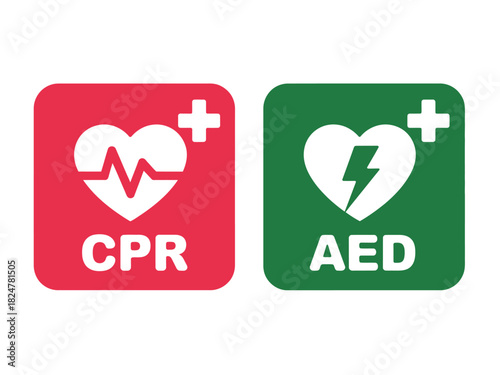 CPR and AED symbols are displayed on a white background.