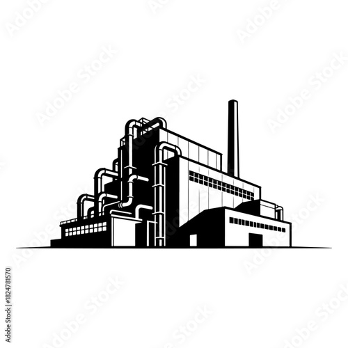 Industrial Factory Building with Smokestack and Pipes