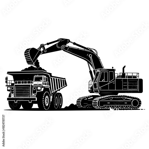 Excavator Loading Dump Truck at Mining Site