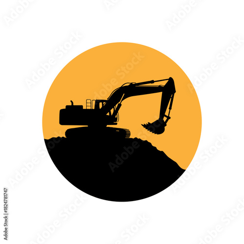 Excavator Silhouette on Orange Circle