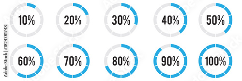 Round loading progress icons from 1 to 100. Vector illustration. Loading progress bar or infographic element.