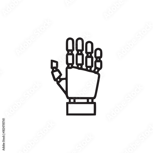 Outline drawing of a robotic hand with visible joints and a simple base on a white background space