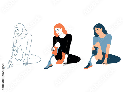 Woman with prosthetic leg depicted in line art, color, and shaded illustration